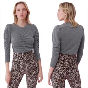 Rebecca Taylor Lurex Metallic Silver. Ruched 3/4 Puff Sleeve Blouse. Medium NWOT